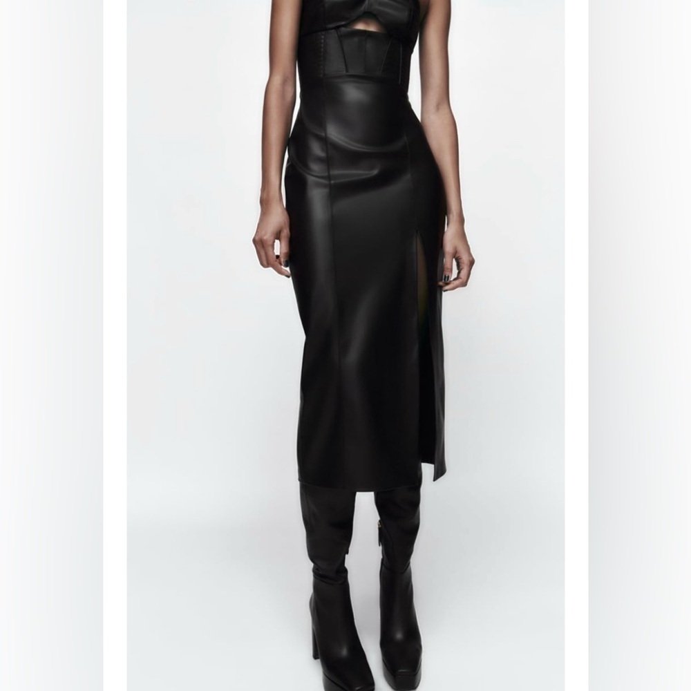 Zara Bloggers Fav Topstitched Faux Leather Midi Slit Christmas CutOut Dress Sz M - Picture 8 of 17
